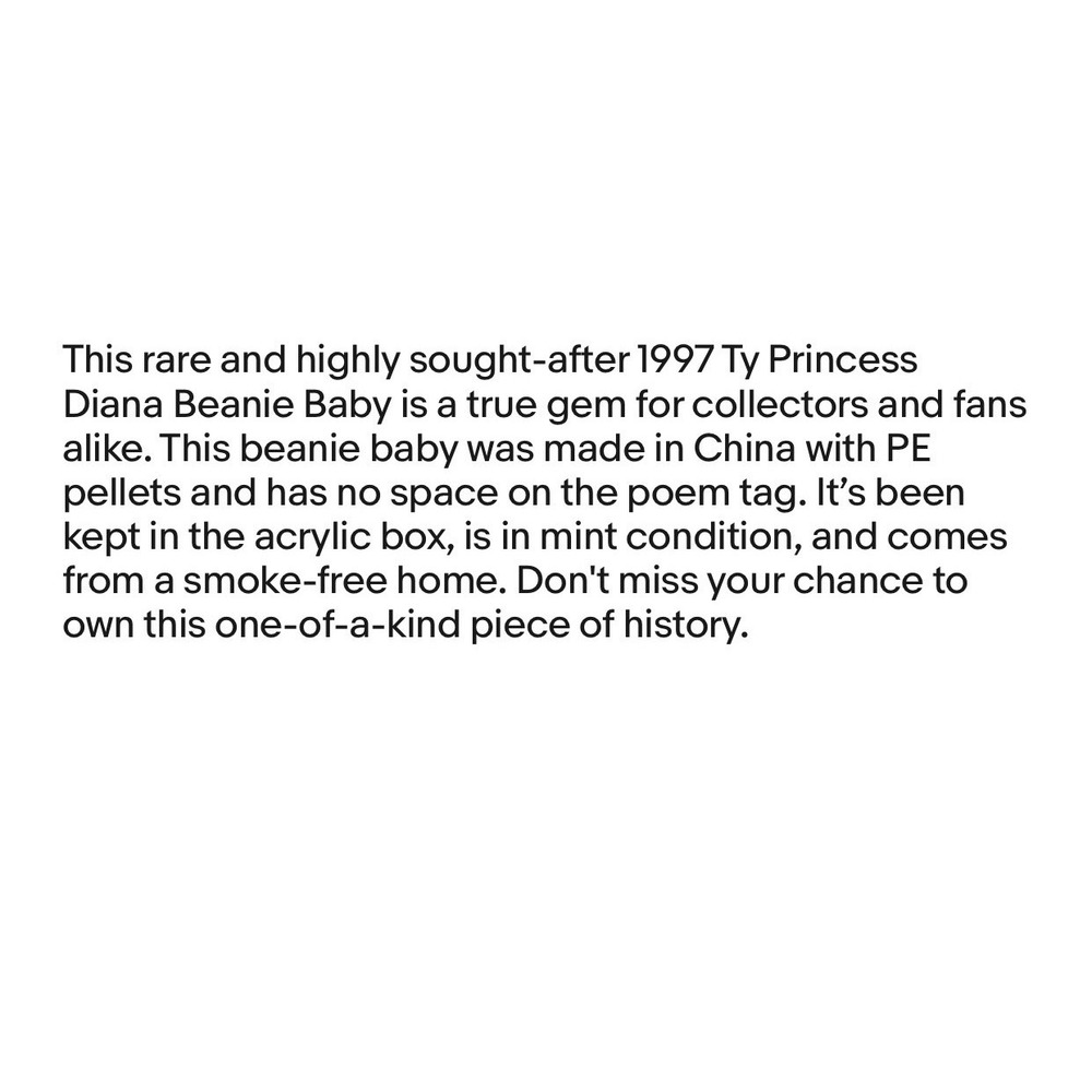 RARE New 1997 TY Princess Diana Beanie Baby, China, P.E. No Space Acrylic Box - Picture 13 of 13
